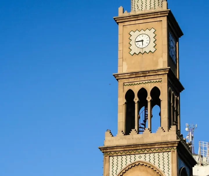 Historic clock tower in Casablanca seen during a Casablanca day trip from Rabat