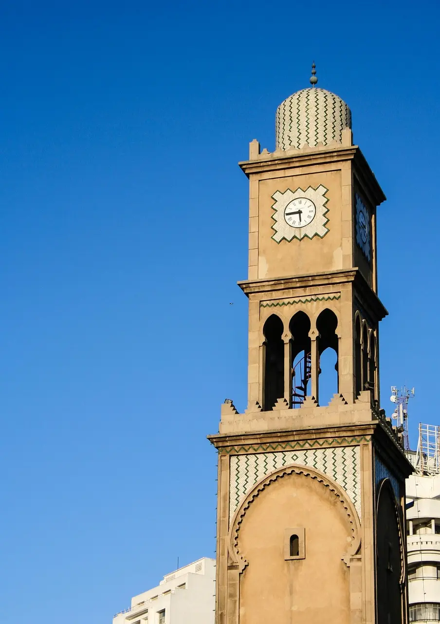 Historic clock tower in Casablanca seen during a Casablanca day trip from Rabat