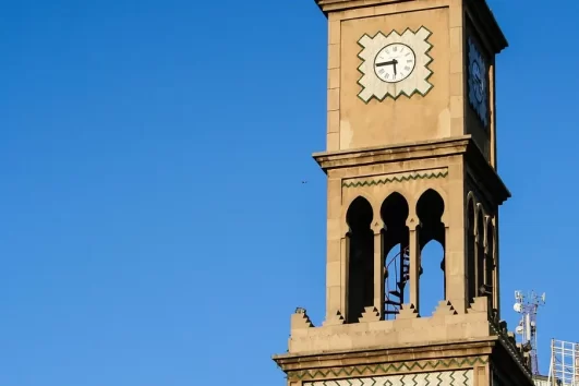 Historic clock tower in Casablanca seen during a Casablanca day trip from Rabat