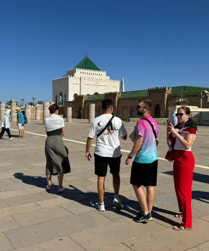 Group of visitors at the Royal Mausoleum during a Half Day Rabat City Tour in Rabat