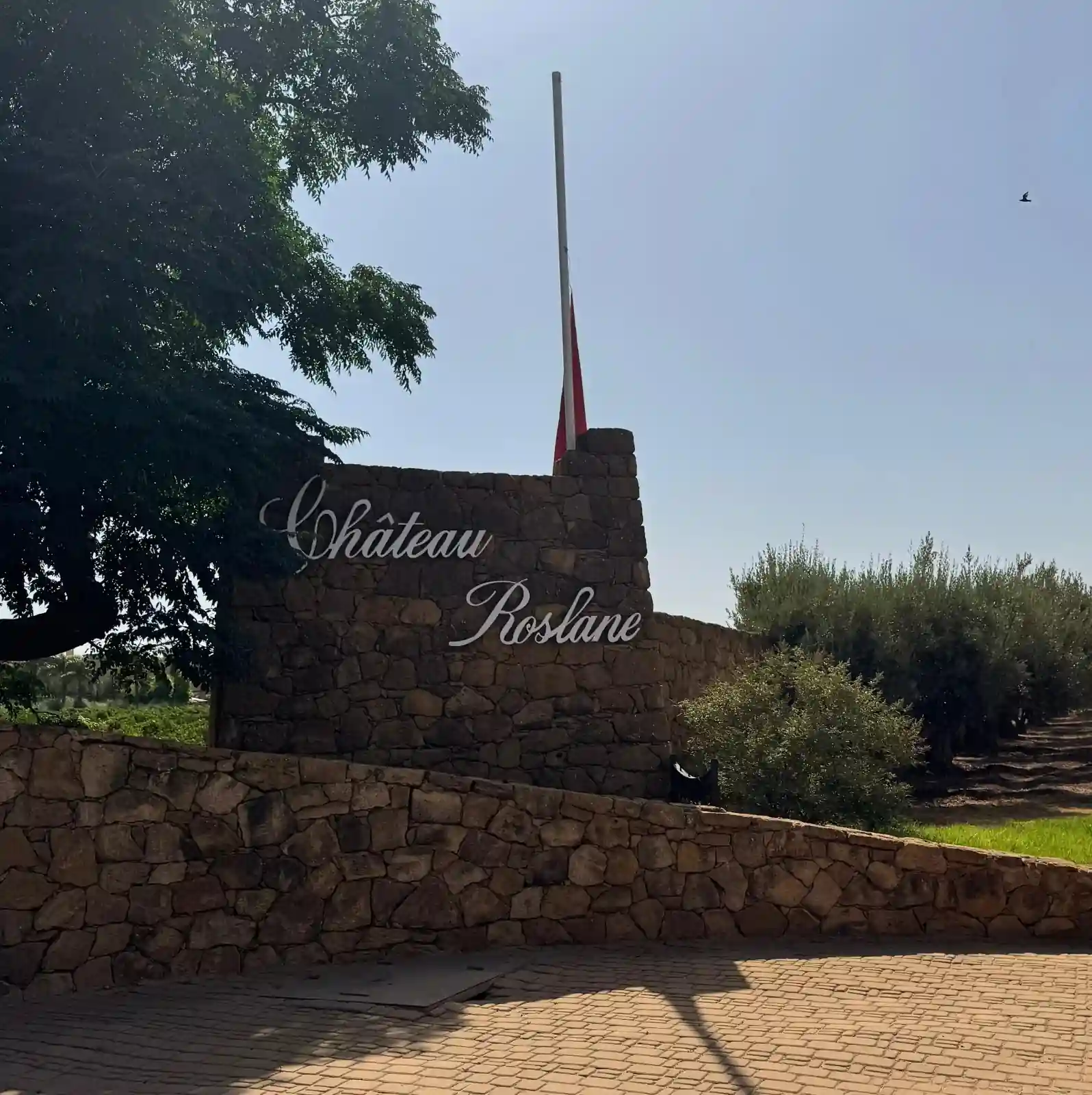 Chateau Roslane entrance with blue sky, marking the start of the Chateau Roslane Wine Tasting Tour from Rabat.